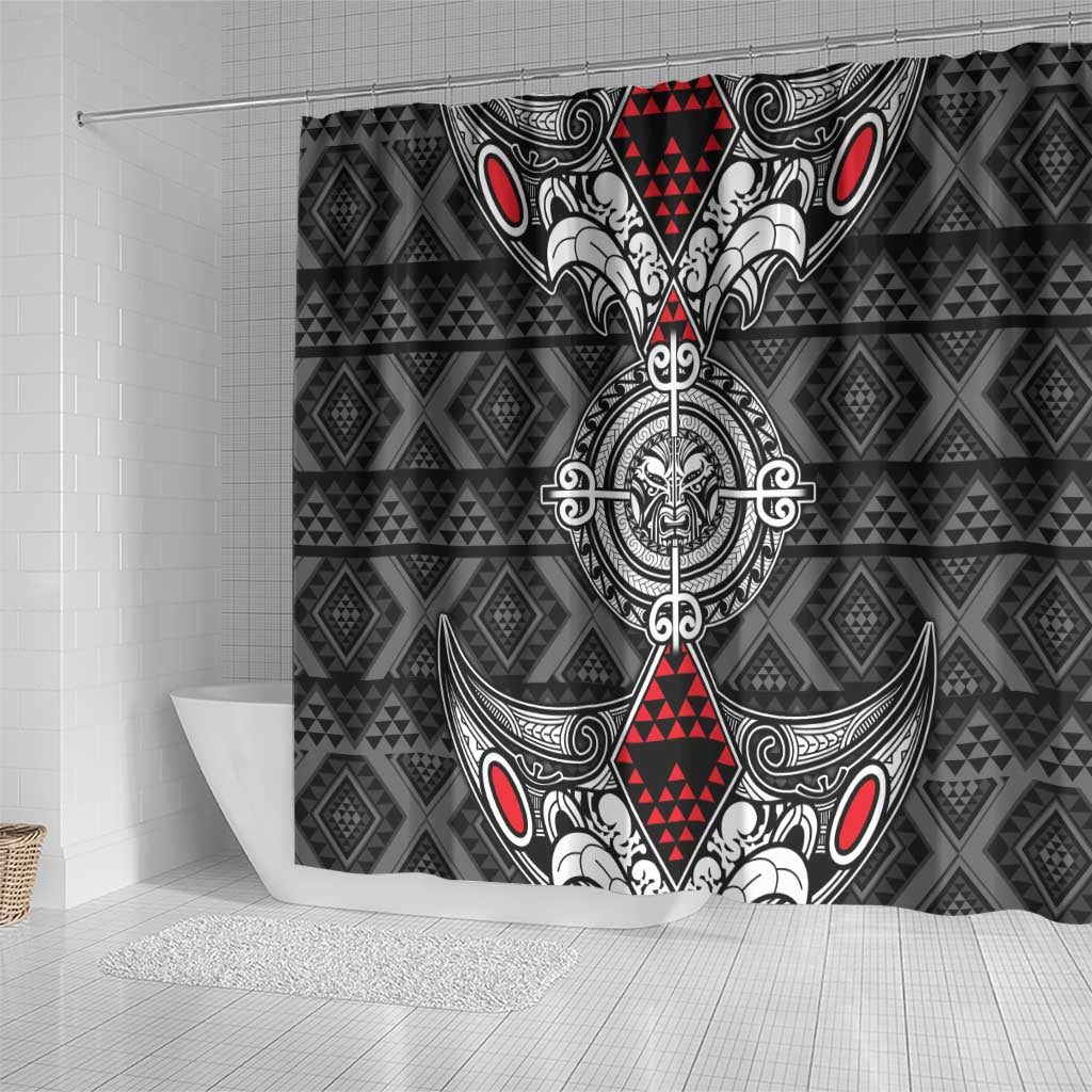 Black Aotearoa Taniko Motif Shower Curtain Vintage Maori New Zealand Tribal Art Pattern LT9 - Polynesian Pride