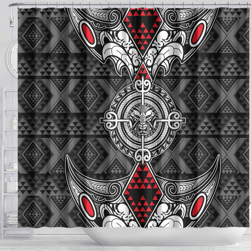 Black Aotearoa Taniko Motif Shower Curtain Vintage Maori New Zealand Tribal Art Pattern LT9 - Polynesian Pride