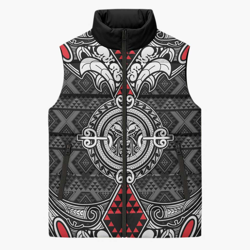 Black Aotearoa Taniko Motif Sleeveless Puffer Jacket Vintage Maori New Zealand Tribal Art Pattern LT9 Unisex Black - Polynesian Pride