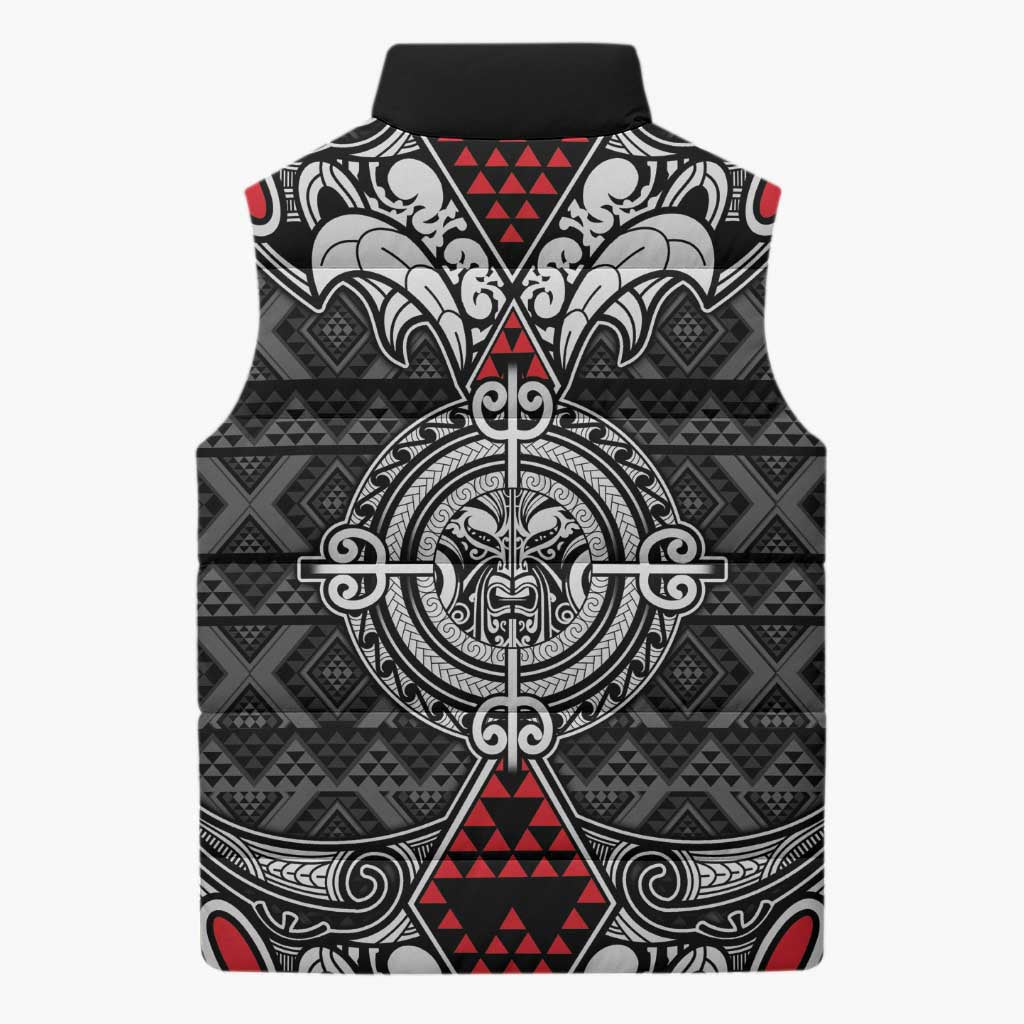 Black Aotearoa Taniko Motif Sleeveless Puffer Jacket Vintage Maori New Zealand Tribal Art Pattern LT9 - Polynesian Pride