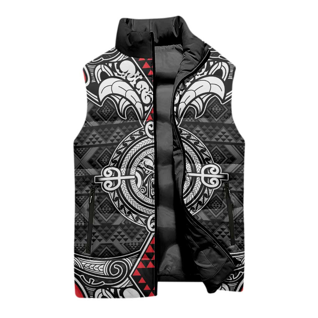 Black Aotearoa Taniko Motif Sleeveless Puffer Jacket Vintage Maori New Zealand Tribal Art Pattern LT9 - Polynesian Pride