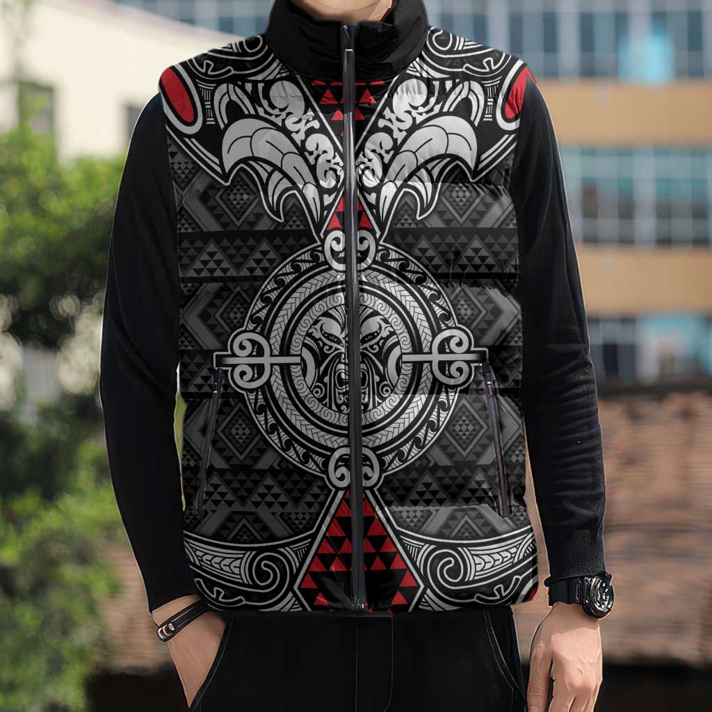 Black Aotearoa Taniko Motif Sleeveless Puffer Jacket Vintage Maori New Zealand Tribal Art Pattern LT9 - Polynesian Pride