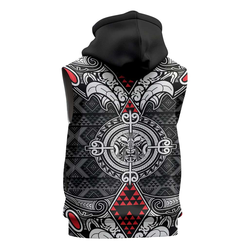 Black Aotearoa Taniko Motif Sleeveless Zip Hoodie Vintage Maori New Zealand Tribal Art Pattern LT9 - Polynesian Pride