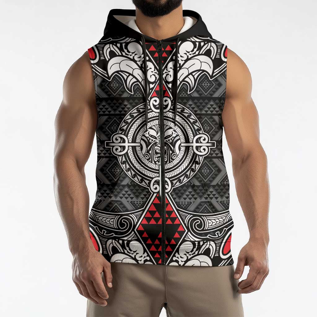 Black Aotearoa Taniko Motif Sleeveless Zip Hoodie Vintage Maori New Zealand Tribal Art Pattern LT9 - Polynesian Pride