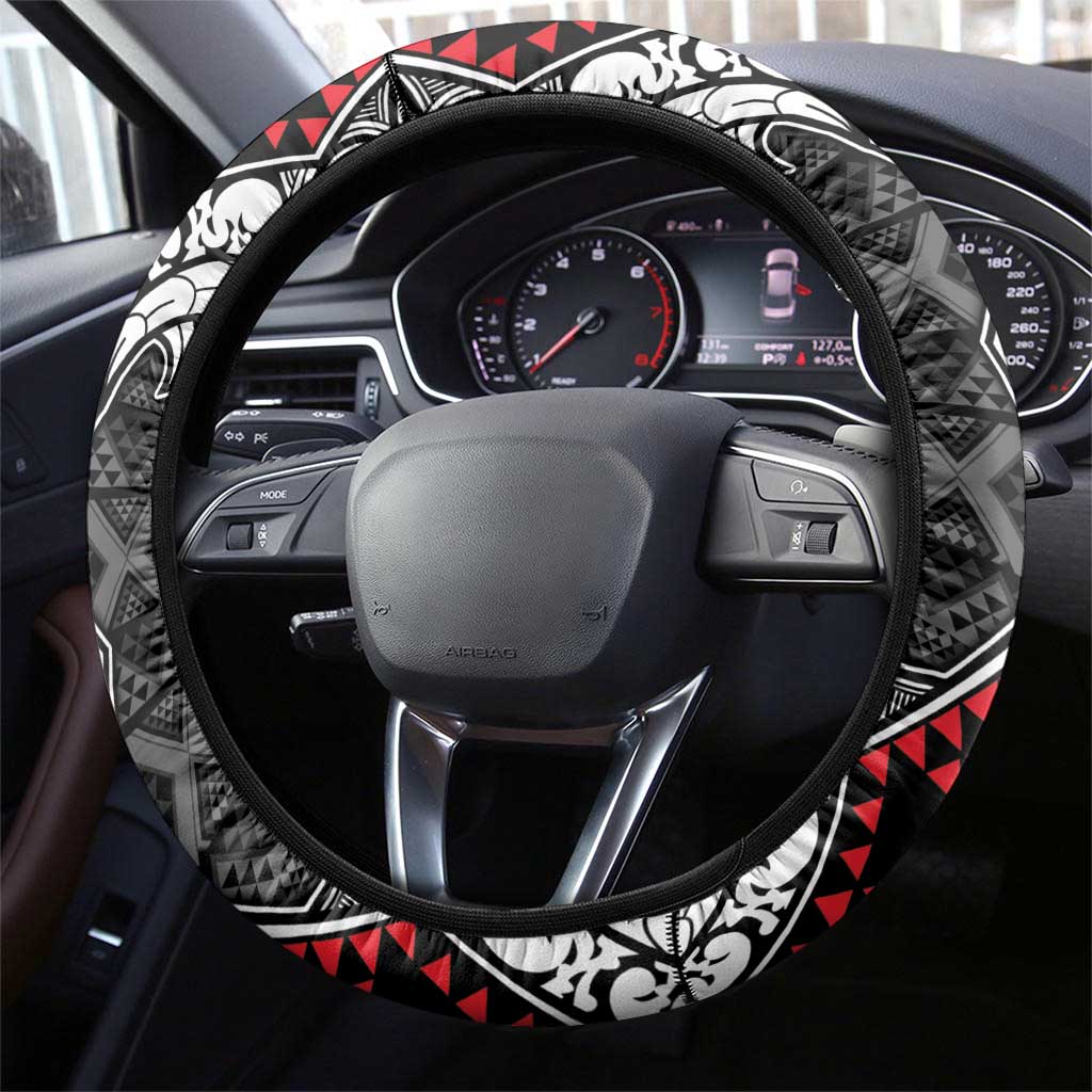 Black Aotearoa Taniko Motif Steering Wheel Cover Vintage Maori New Zealand Tribal Art Pattern LT9 - Polynesian Pride