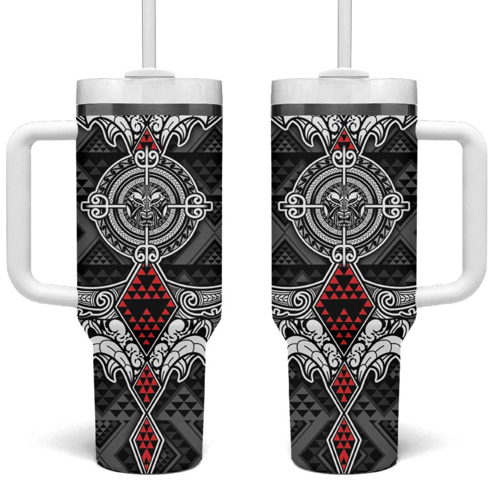 Black Aotearoa Taniko Motif Tumbler With Handle Vintage Maori New Zealand Tribal Art Pattern LT9 One Size: 40 oz Black - Polynesian Pride