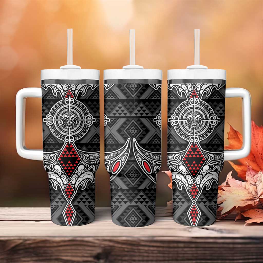 Black Aotearoa Taniko Motif Tumbler With Handle Vintage Maori New Zealand Tribal Art Pattern LT9 - Polynesian Pride