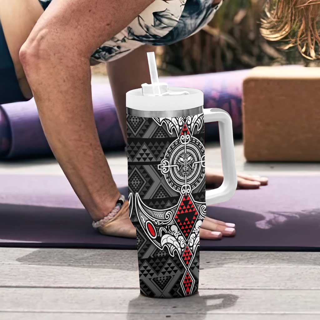 Black Aotearoa Taniko Motif Tumbler With Handle Vintage Maori New Zealand Tribal Art Pattern LT9 - Polynesian Pride