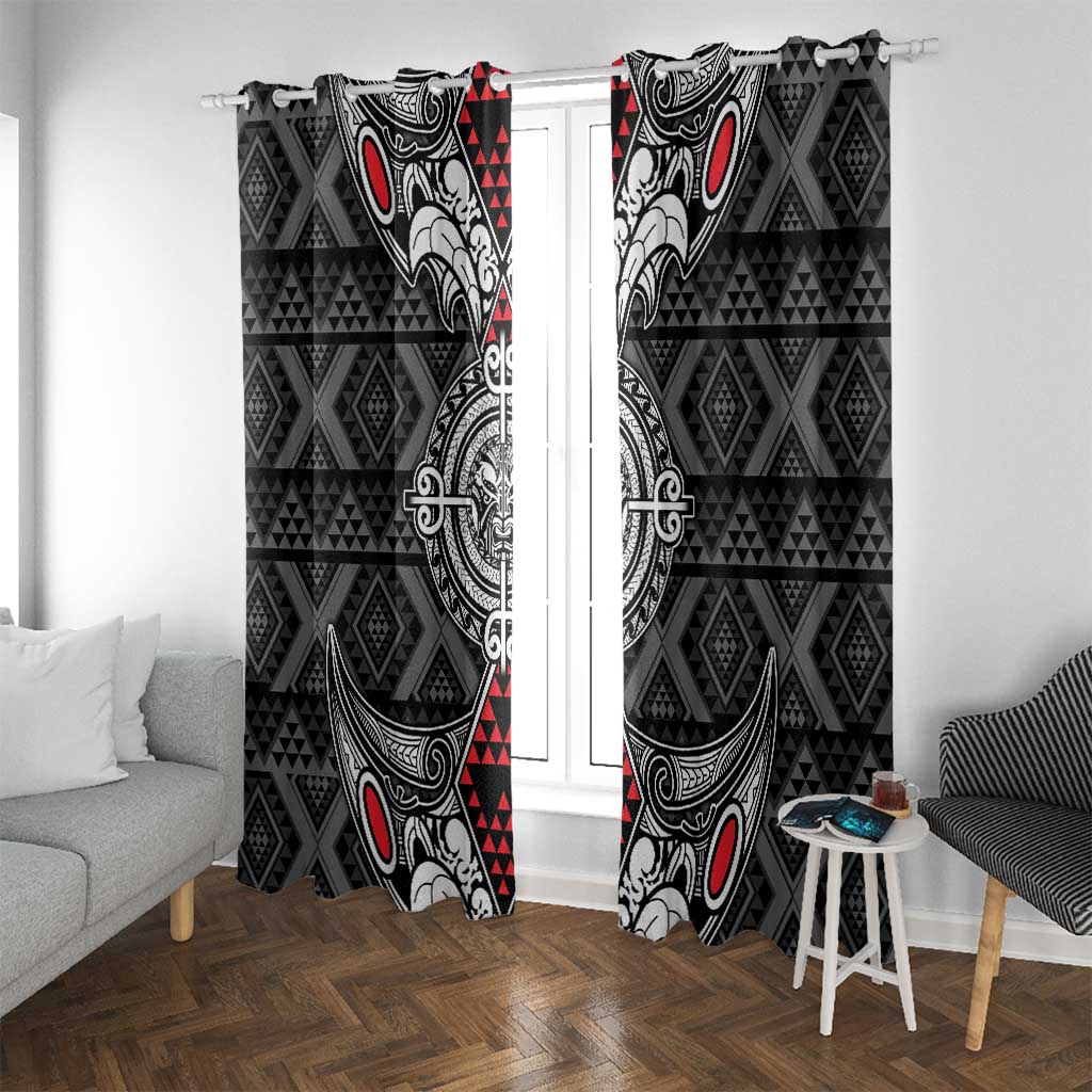 Black Aotearoa Taniko Motif Window Curtain Vintage Maori New Zealand Tribal Art Pattern LT9 With Grommets Black - Polynesian Pride