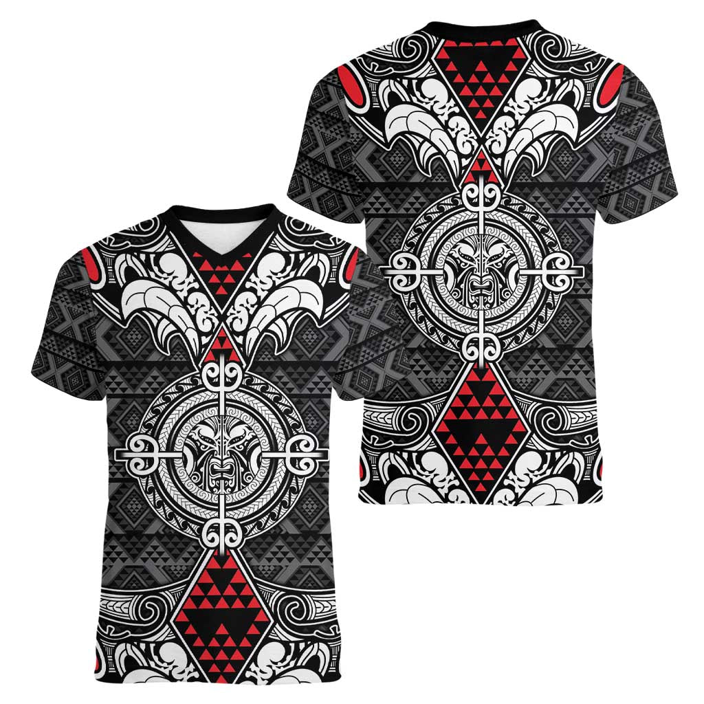 Black Aotearoa Tanilo Motif Women V-Neck T-Shirt Vintage Maori New Zealand Tribal Art Pattern LT9 - Polynesian Pride