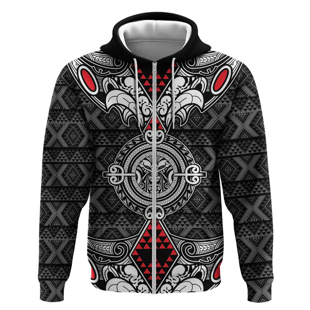 Black Aotearoa Tanilo Motif Zip Hoodie Vintage Maori New Zealand Tribal Art Pattern