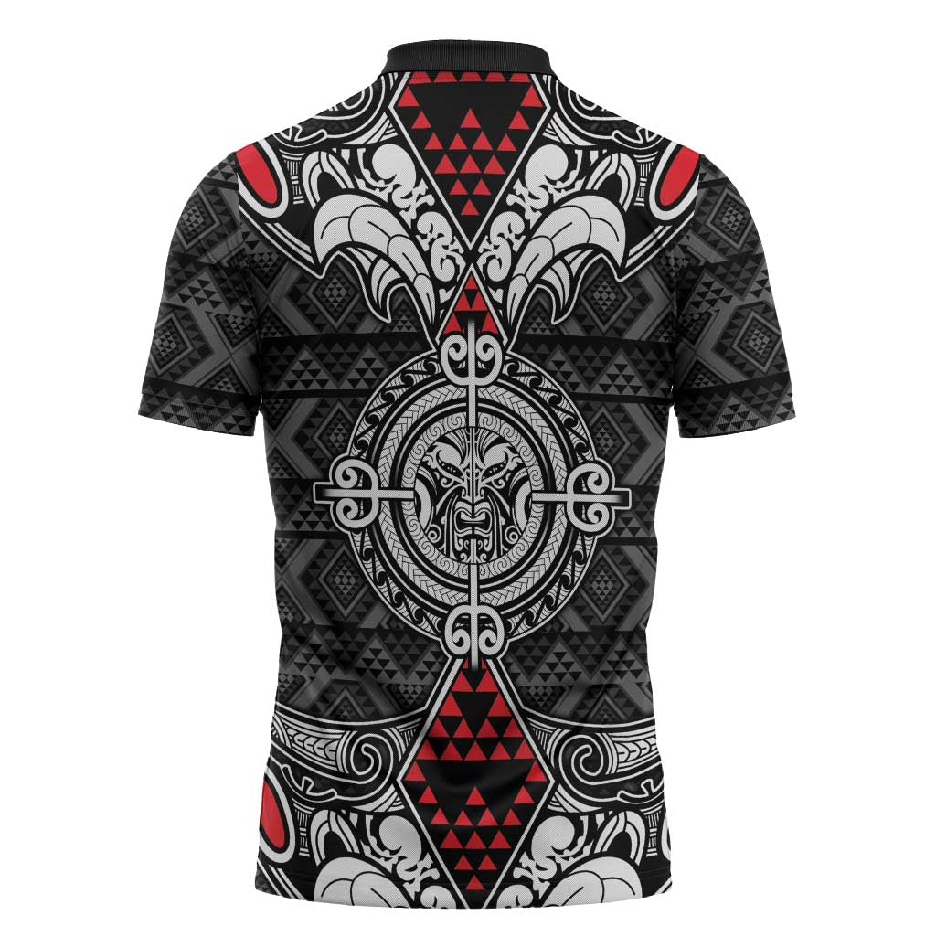 Black Aotearoa Taniko Motif Zipper Polo Shirt Vintage Maori New Zealand Tribal Art Pattern LT9 - Polynesian Pride