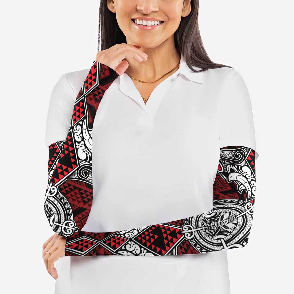 Red Aotearoa Taniko Motif Arm Sleeves Vintage Maori New Zealand Tribal Art Pattern LT9 - Polynesian Pride