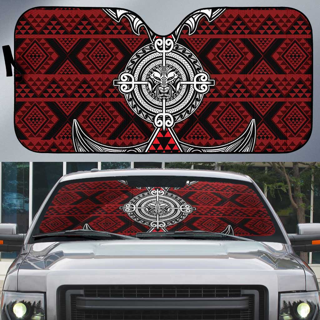 Red Aotearoa Taniko Motif Auto Sun Shade Vintage Maori New Zealand Tribal Art Pattern LT9 Red - Polynesian Pride