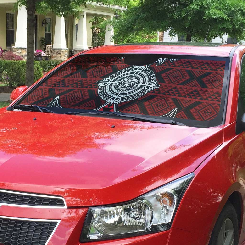 Red Aotearoa Taniko Motif Auto Sun Shade Vintage Maori New Zealand Tribal Art Pattern LT9 - Polynesian Pride