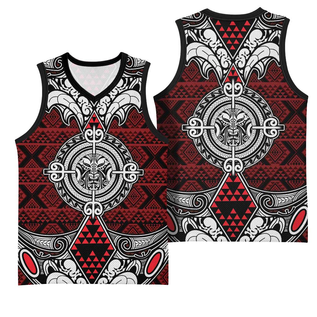Red Aotearoa Taniko Motif Basketball Jersey Vintage Maori New Zealand Tribal Art Pattern LT9 - Polynesian Pride