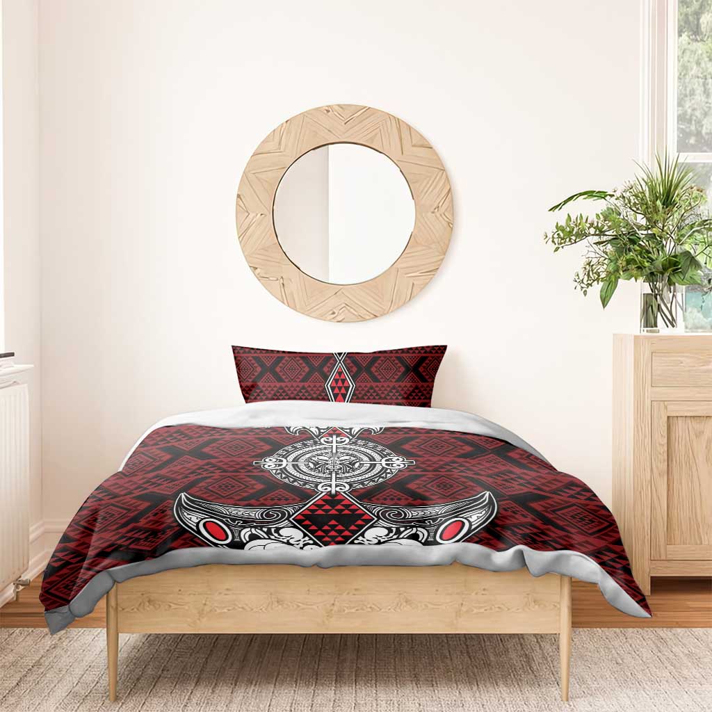 Red Aotearoa Taniko Motif Bedding Set Vintage Maori New Zealand Tribal Art Pattern