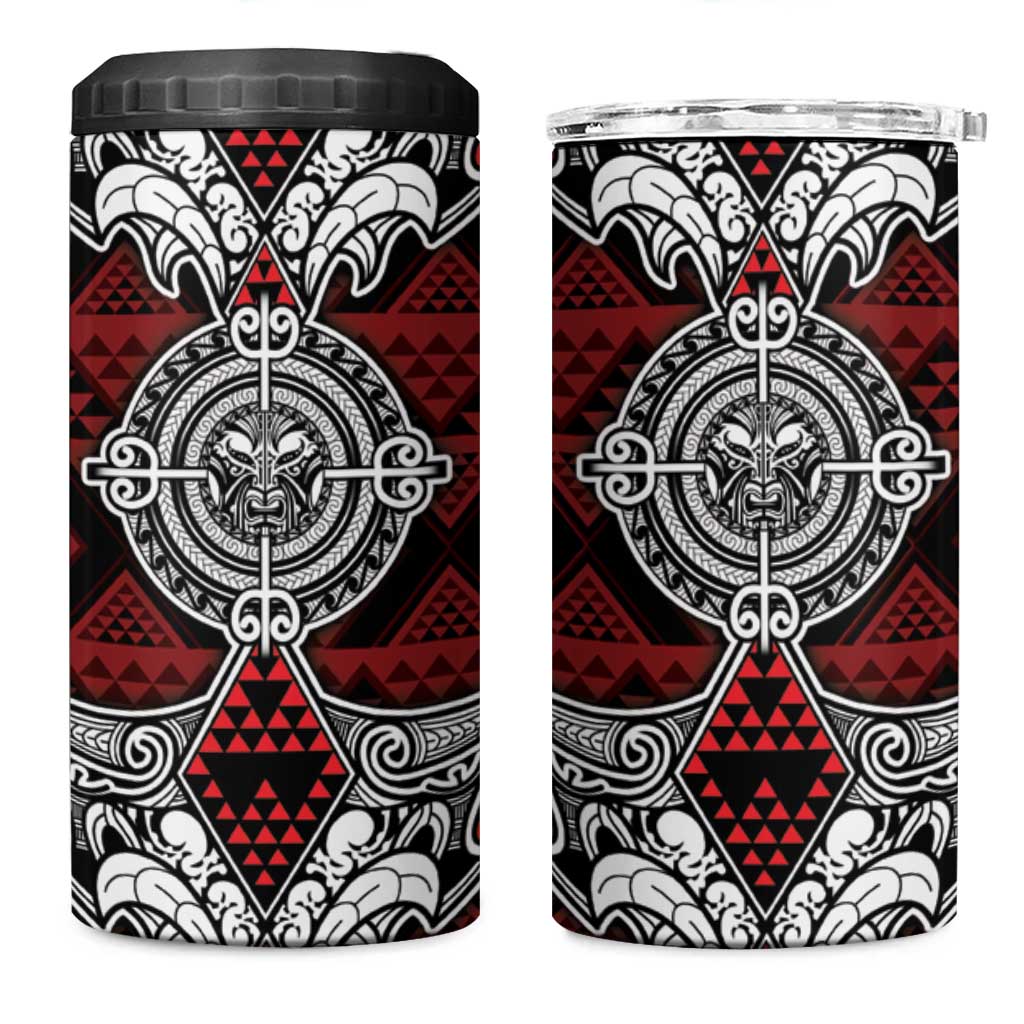 Red Aotearoa Taniko Motif 4 in 1 Can Cooler Tumbler Vintage Maori New Zealand Tribal Art Pattern LT9 One Size: 16 oz Red - Polynesian Pride