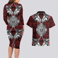 Red Aotearoa Tanilo Motif Couples Matching Long Sleeve Bodycon Dress and Hawaiian Shirt Vintage Maori New Zealand Tribal Art Pattern LT9 - Polynesian Pride
