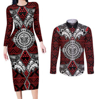 Red Aotearoa Tanilo Motif Couples Matching Long Sleeve Bodycon Dress and Long Sleeve Button Shirt Vintage Maori New Zealand Tribal Art Pattern LT9 Red - Polynesian Pride