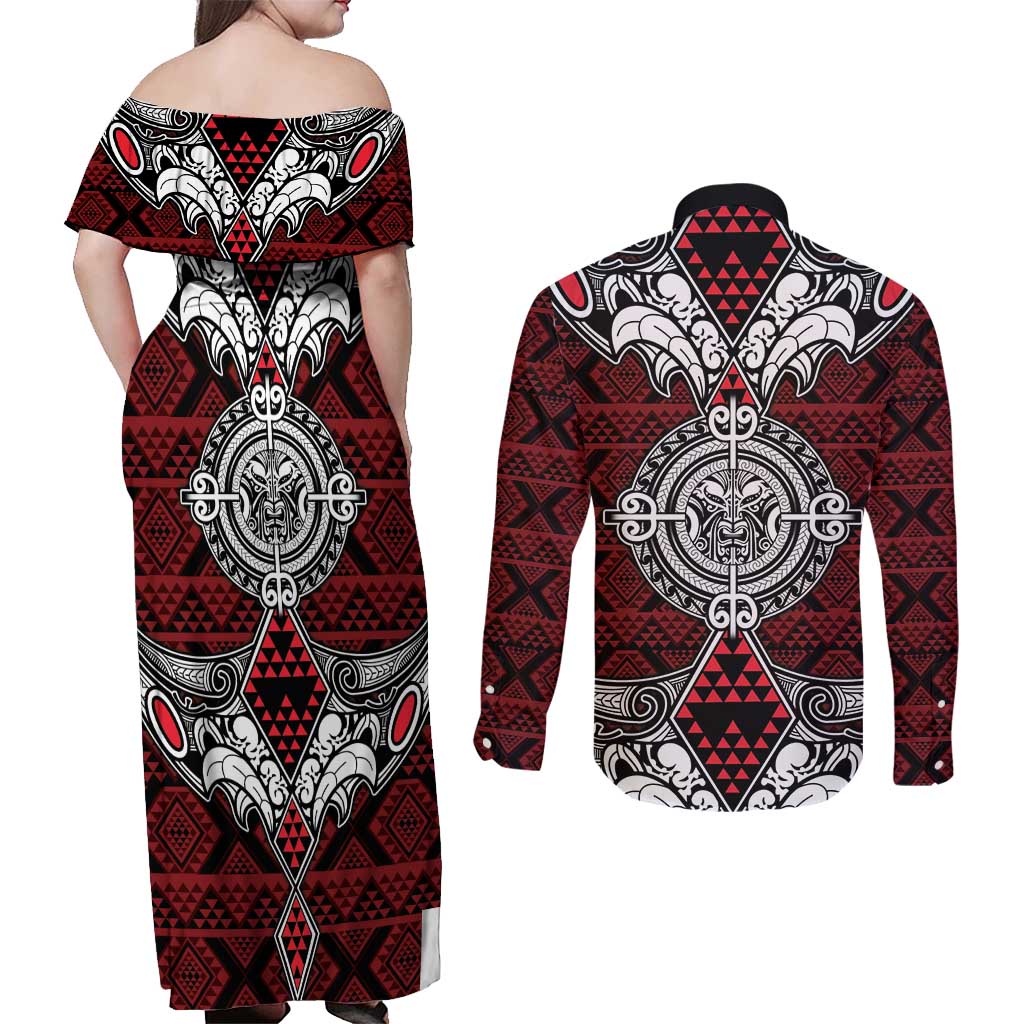 Red Aotearoa Tanilo Motif Couples Matching Off Shoulder Maxi Dress and Long Sleeve Button Shirt Vintage Maori New Zealand Tribal Art Pattern LT9 - Polynesian Pride