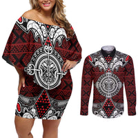 Red Aotearoa Tanilo Motif Couples Matching Off Shoulder Short Dress and Long Sleeve Button Shirt Vintage Maori New Zealand Tribal Art Pattern LT9 Red - Polynesian Pride