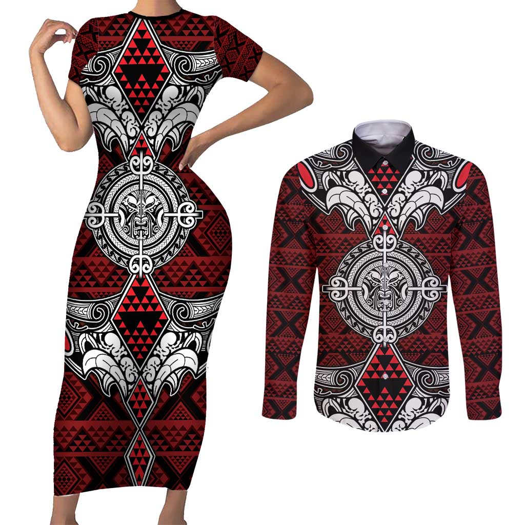 Red Aotearoa Tanilo Motif Couples Matching Short Sleeve Bodycon Dress and Long Sleeve Button Shirt Vintage Maori New Zealand Tribal Art Pattern LT9 Red - Polynesian Pride