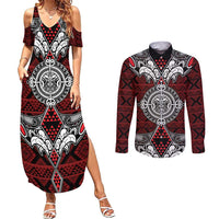 Red Aotearoa Tanilo Motif Couples Matching Summer Maxi Dress and Long Sleeve Button Shirt Vintage Maori New Zealand Tribal Art Pattern LT9 Red - Polynesian Pride