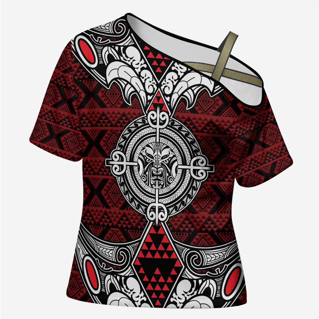 Red Aotearoa Taniko Motif Cross Shoulder Shirt Vintage Maori New Zealand Tribal Art Pattern LT9 Female Red - Polynesian Pride