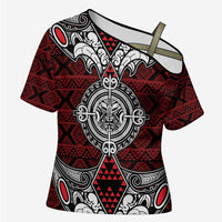 Red Aotearoa Taniko Motif Cross Shoulder Shirt Vintage Maori New Zealand Tribal Art Pattern LT9 Female Red - Polynesian Pride