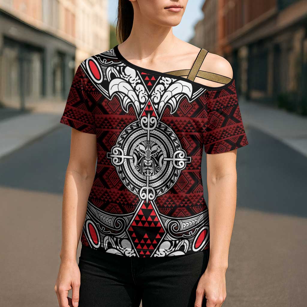 Red Aotearoa Taniko Motif Cross Shoulder Shirt Vintage Maori New Zealand Tribal Art Pattern LT9 - Polynesian Pride