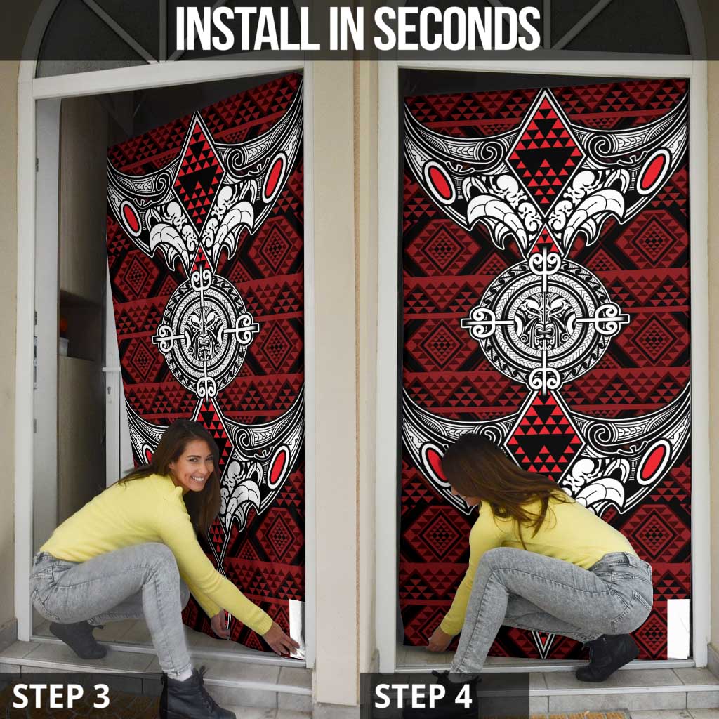 Red Aotearoa Taniko Motif Door Cover Vintage Maori New Zealand Tribal Art Pattern LT9 - Polynesian Pride
