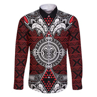 Red Aotearoa Tanilo Motif Family Matching Long Sleeve Bodycon Dress and Hawaiian Shirt Vintage Maori New Zealand Tribal Art Pattern LT9 Dad's Shirt - Long Sleeve Red - Polynesian Pride
