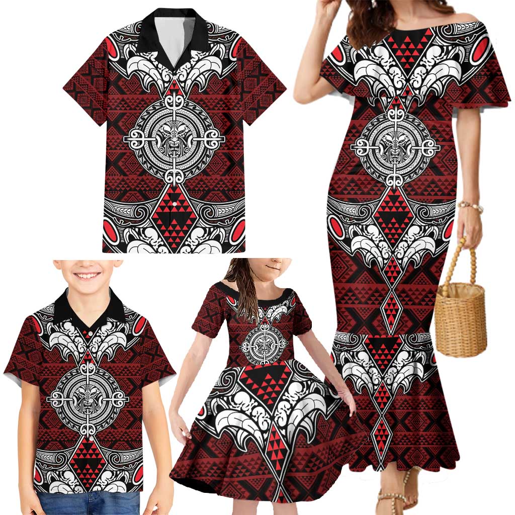 Red Aotearoa Tanilo Motif Family Matching Mermaid Dress and Hawaiian Shirt Vintage Maori New Zealand Tribal Art Pattern LT9 - Polynesian Pride