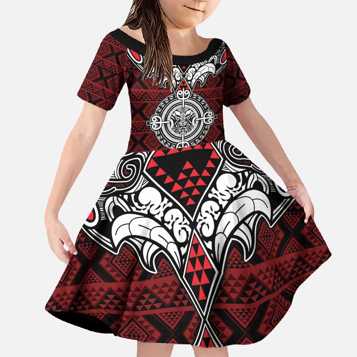 Red Aotearoa Tanilo Motif Family Matching Off The Shoulder Long Sleeve Dress and Hawaiian Shirt Vintage Maori New Zealand Tribal Art Pattern LT9 Daughter's Dress Red - Polynesian Pride