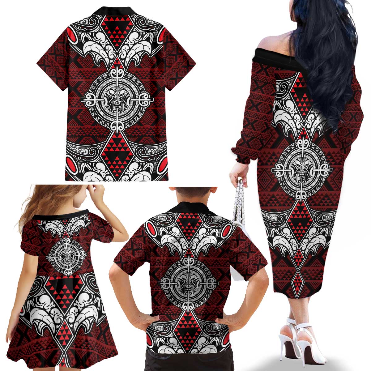 Red Aotearoa Tanilo Motif Family Matching Off The Shoulder Long Sleeve Dress and Hawaiian Shirt Vintage Maori New Zealand Tribal Art Pattern LT9 - Polynesian Pride