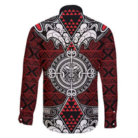 Red Aotearoa Tanilo Motif Family Matching Off The Shoulder Long Sleeve Dress and Hawaiian Shirt Vintage Maori New Zealand Tribal Art Pattern LT9 - Polynesian Pride