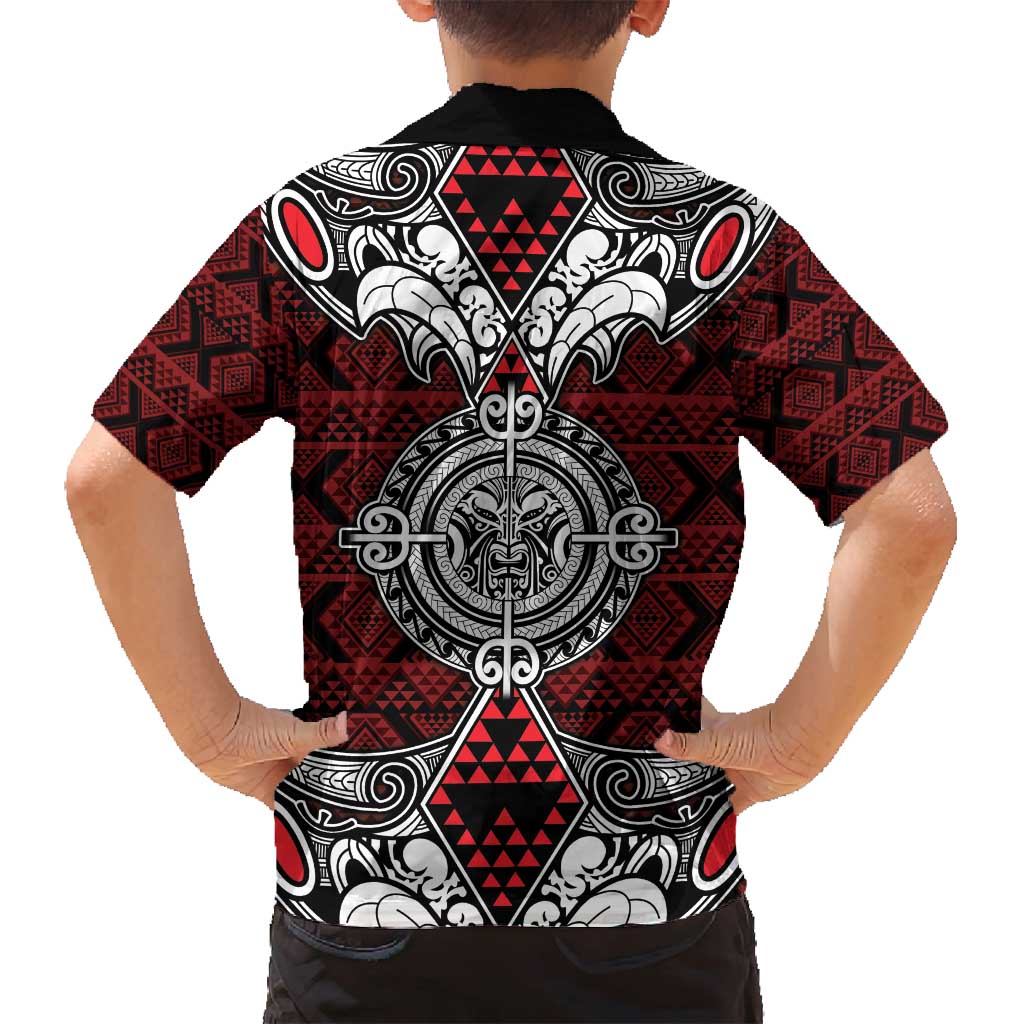 Red Aotearoa Tanilo Motif Family Matching Off Shoulder Short Dress and Hawaiian Shirt Vintage Maori New Zealand Tribal Art Pattern LT9 - Polynesian Pride