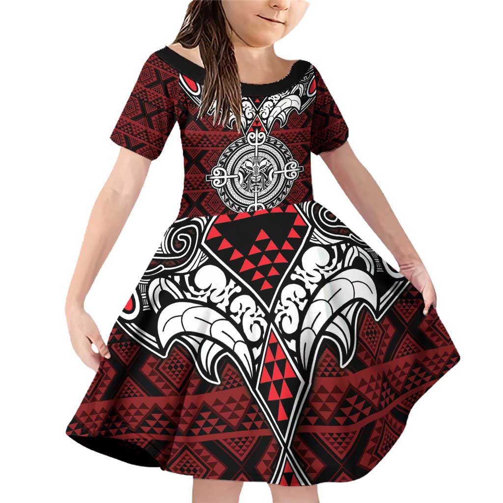 Red Aotearoa Tanilo Motif Family Matching Off Shoulder Short Dress and Hawaiian Shirt Vintage Maori New Zealand Tribal Art Pattern LT9 Daughter's Dress Red - Polynesian Pride