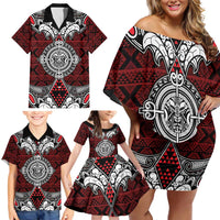 Red Aotearoa Tanilo Motif Family Matching Off Shoulder Short Dress and Hawaiian Shirt Vintage Maori New Zealand Tribal Art Pattern LT9 - Polynesian Pride