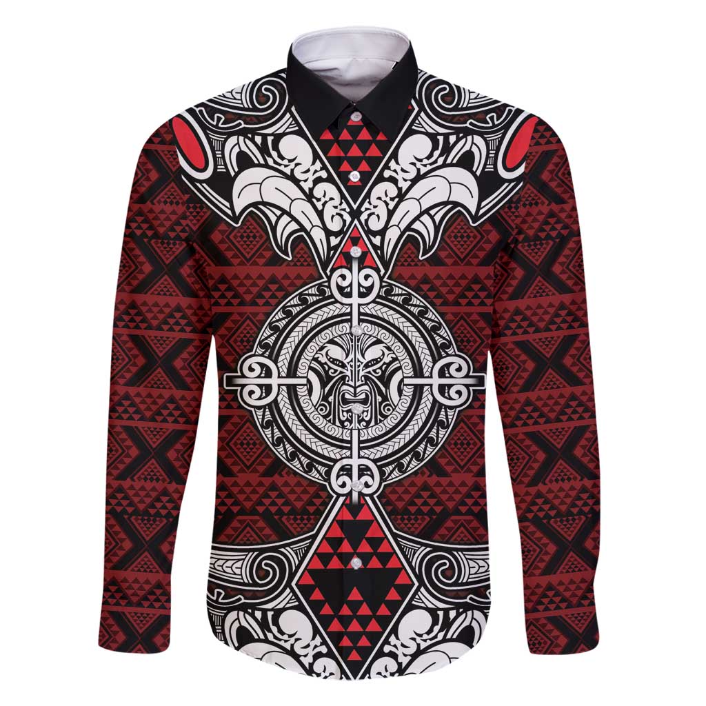 Red Aotearoa Tanilo Motif Family Matching Off Shoulder Short Dress and Hawaiian Shirt Vintage Maori New Zealand Tribal Art Pattern LT9 Dad's Shirt - Long Sleeve Red - Polynesian Pride