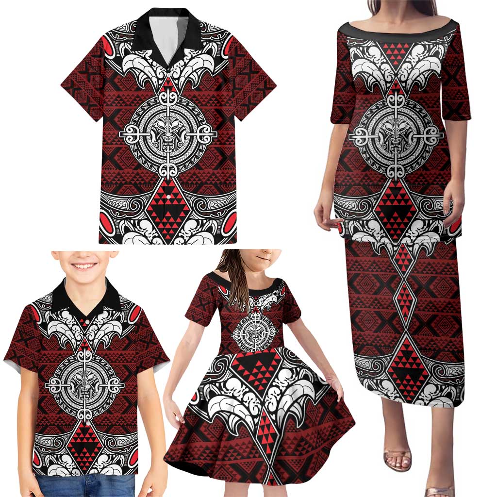 Red Aotearoa Tanilo Motif Family Matching Puletasi and Hawaiian Shirt Vintage Maori New Zealand Tribal Art Pattern LT9 - Polynesian Pride