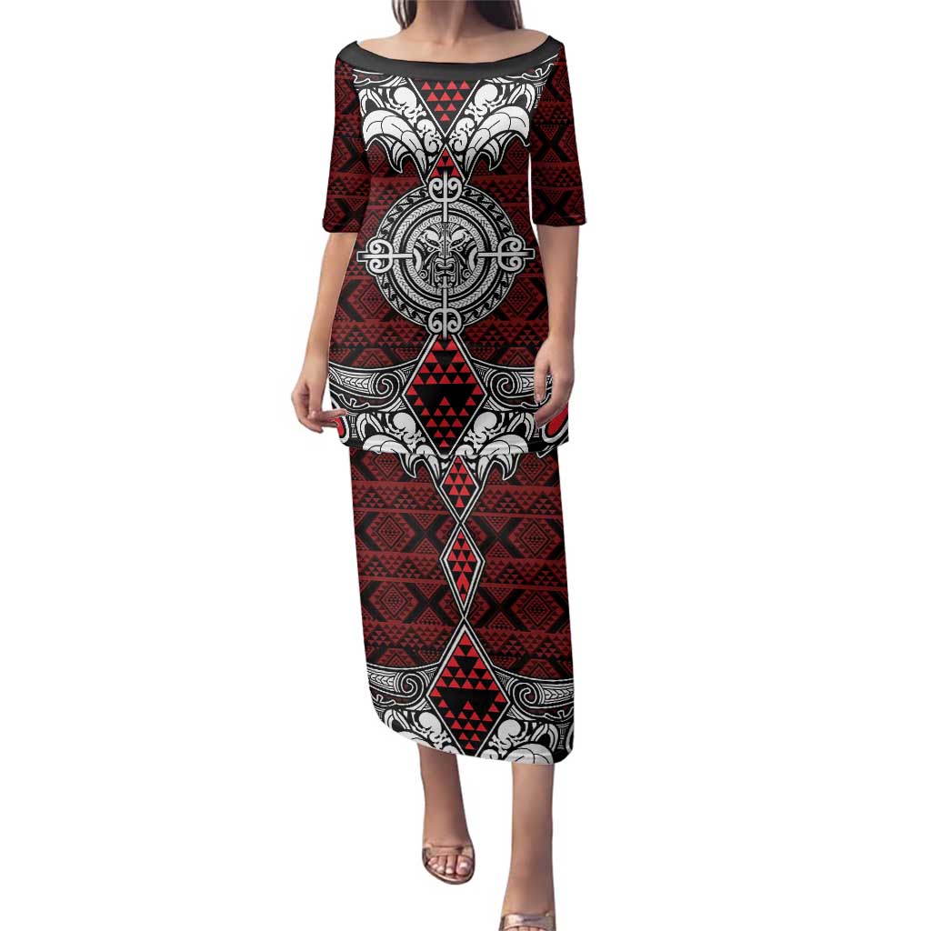 Red Aotearoa Tanilo Motif Family Matching Puletasi and Hawaiian Shirt Vintage Maori New Zealand Tribal Art Pattern LT9 Mom's Dress Red - Polynesian Pride