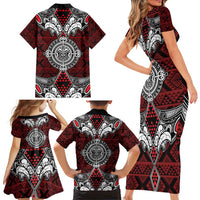 Red Aotearoa Tanilo Motif Family Matching Short Sleeve Bodycon Dress and Hawaiian Shirt Vintage Maori New Zealand Tribal Art Pattern LT9 - Polynesian Pride