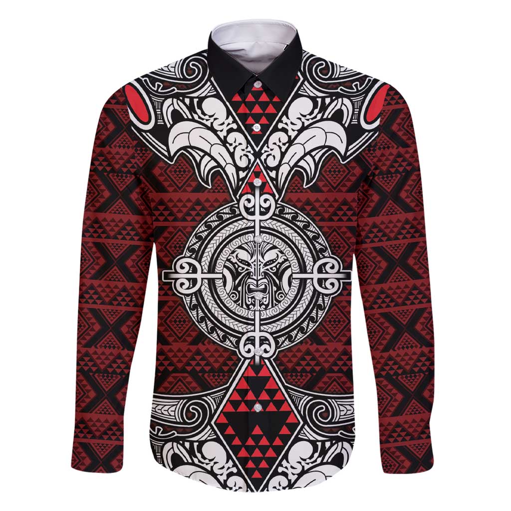Red Aotearoa Tanilo Motif Family Matching Short Sleeve Bodycon Dress and Hawaiian Shirt Vintage Maori New Zealand Tribal Art Pattern LT9 Dad's Shirt - Long Sleeve Red - Polynesian Pride