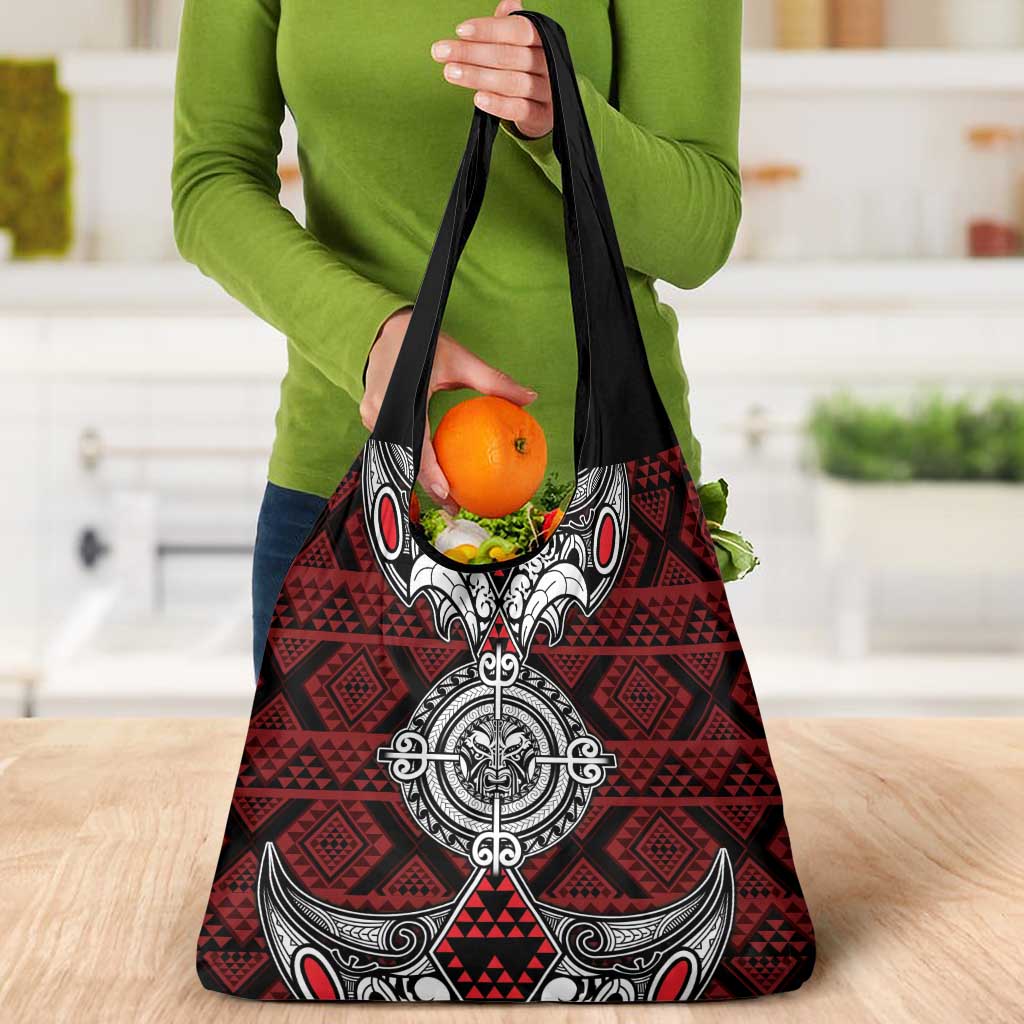 Red Aotearoa Taniko Motif Grocery Bag Vintage Maori New Zealand Tribal Art Pattern LT9 - Polynesian Pride