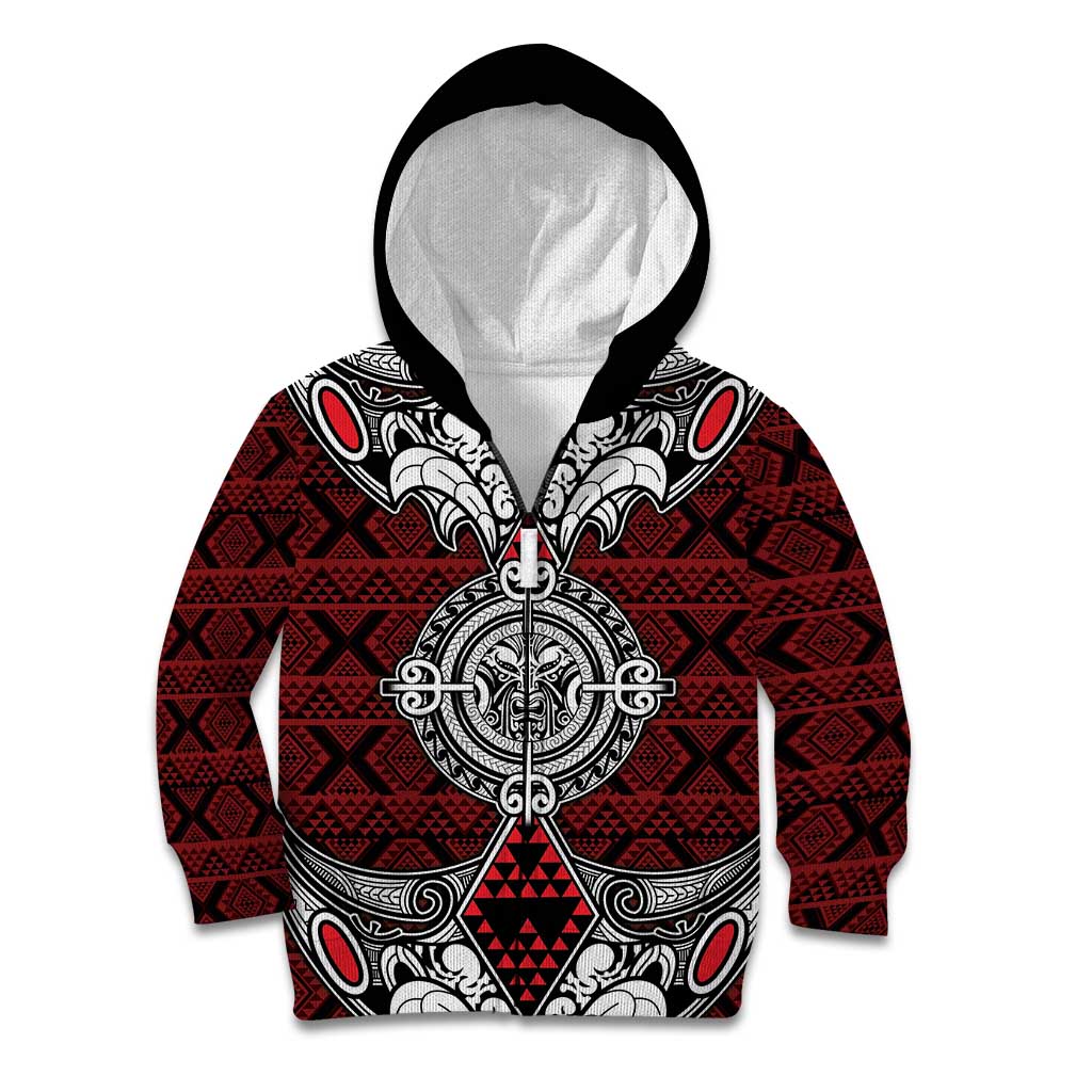 Red Aotearoa Tanilo Motif Kid Hoodie Vintage Maori New Zealand Tribal Art Pattern LT9 Zip Hoodie Red - Polynesian Pride