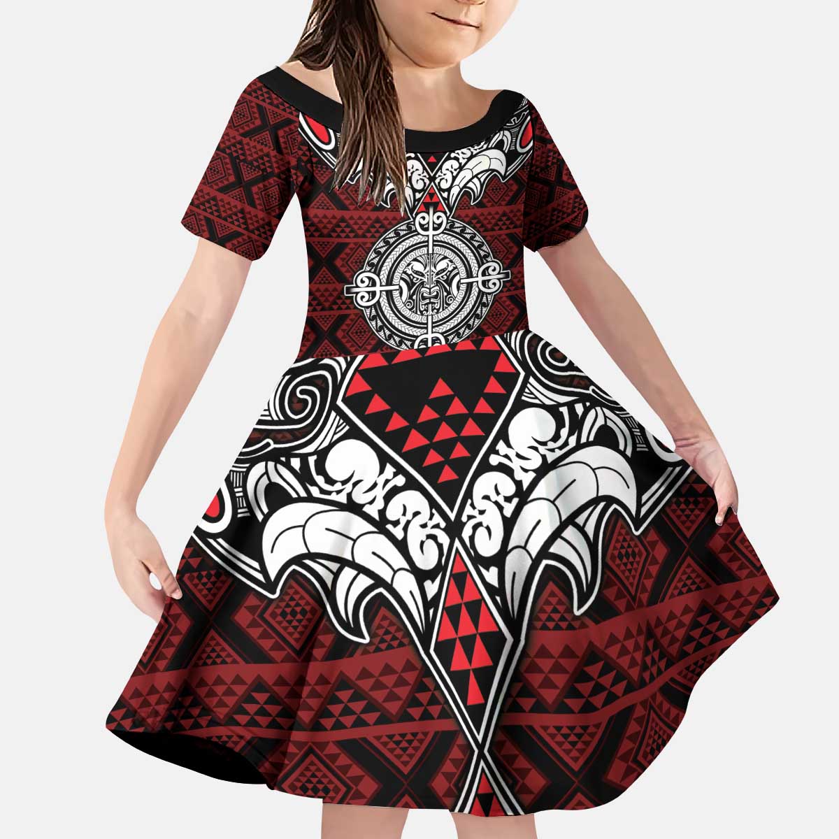 Red Aotearoa Tanilo Motif Kid Short Sleeve Dress Vintage Maori New Zealand Tribal Art Pattern LT9 KID Red - Polynesian Pride