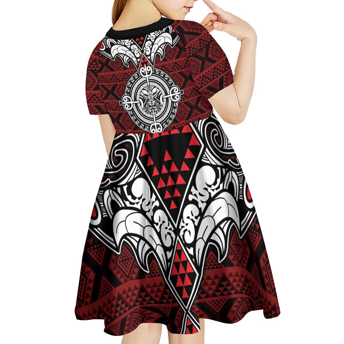 Red Aotearoa Tanilo Motif Kid Short Sleeve Dress Vintage Maori New Zealand Tribal Art Pattern LT9 - Polynesian Pride