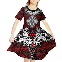 Red Aotearoa Tanilo Motif Kid Short Sleeve Dress Vintage Maori New Zealand Tribal Art Pattern LT9 - Polynesian Pride